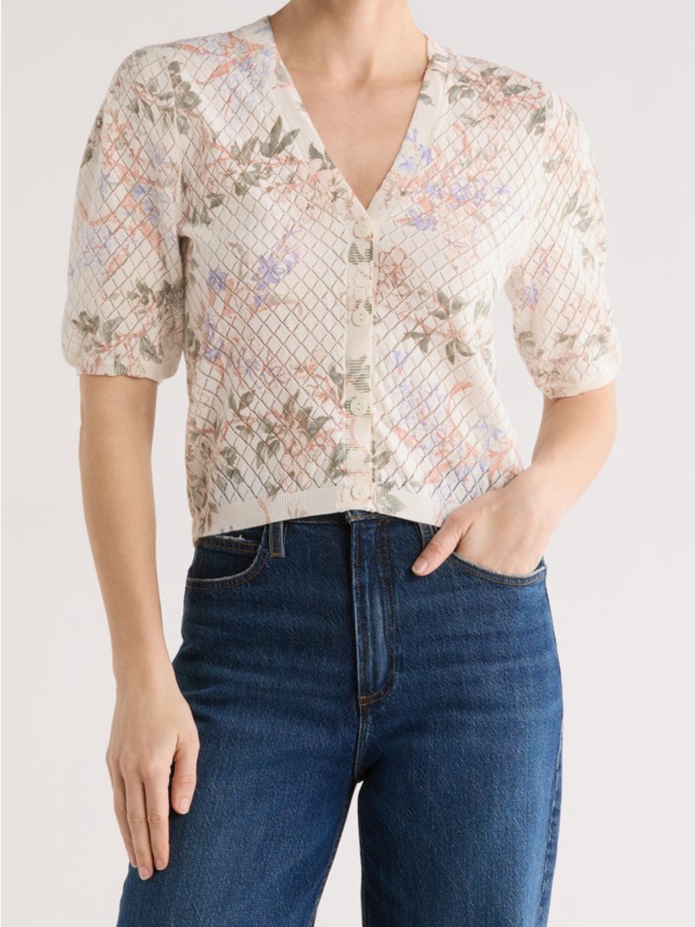 Ellen Tracy Cream Floral Short-Sleeve V-Neck Button Cardigan Top - Picture 2 of 8